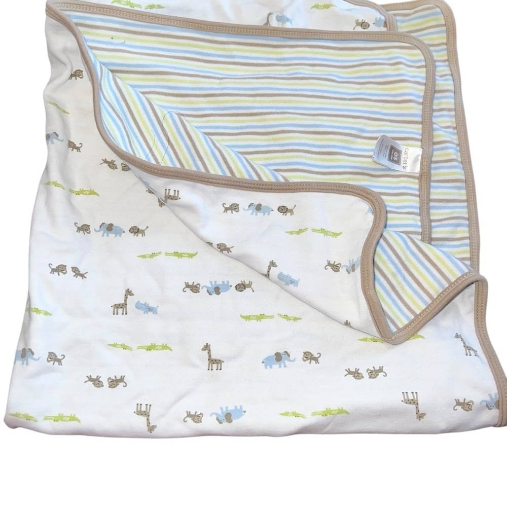 Carters 28x30” safari animal blue green brown white striped baby blanket